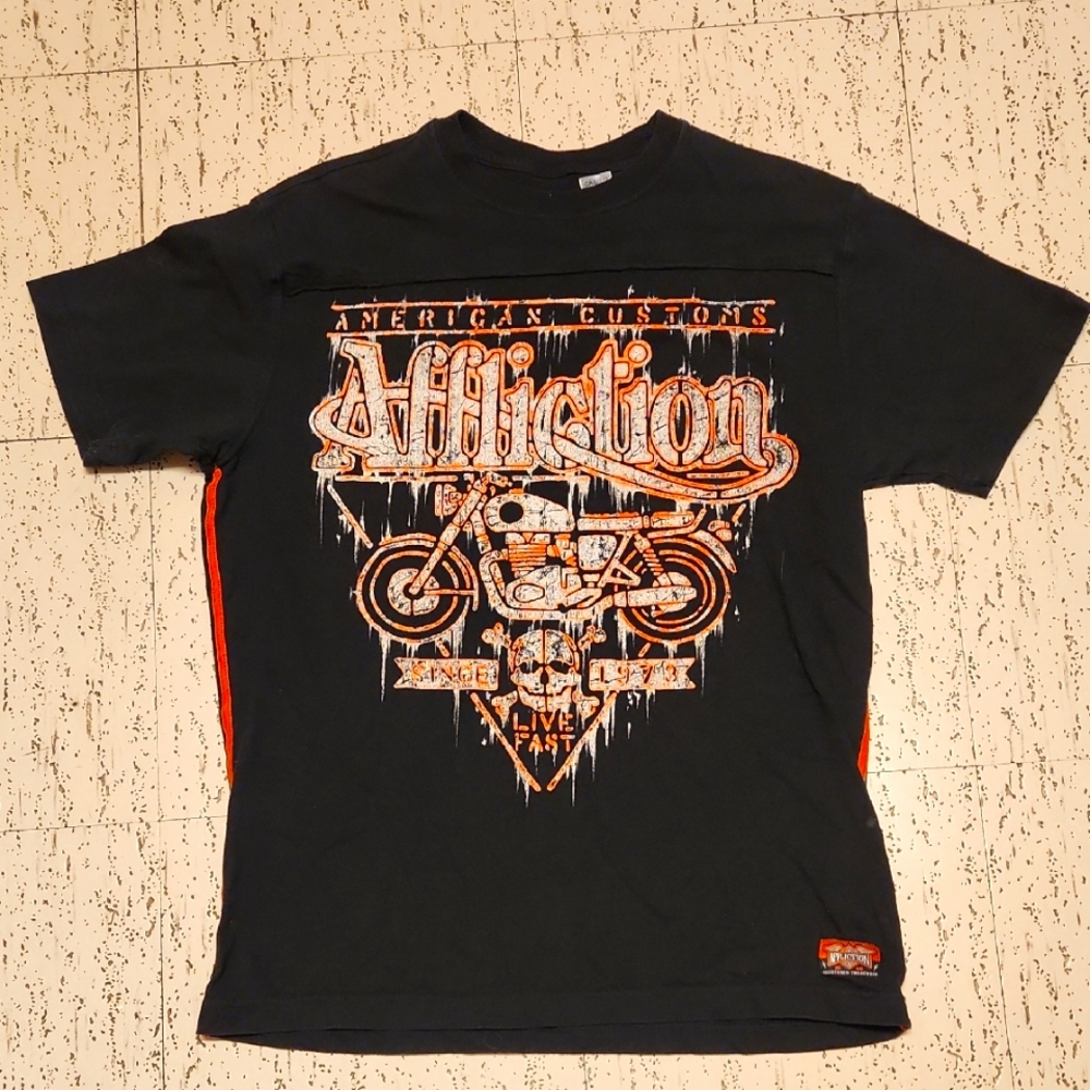Affliction American Customs Full Graphic Spellout Logo T Shirt Black And Orange